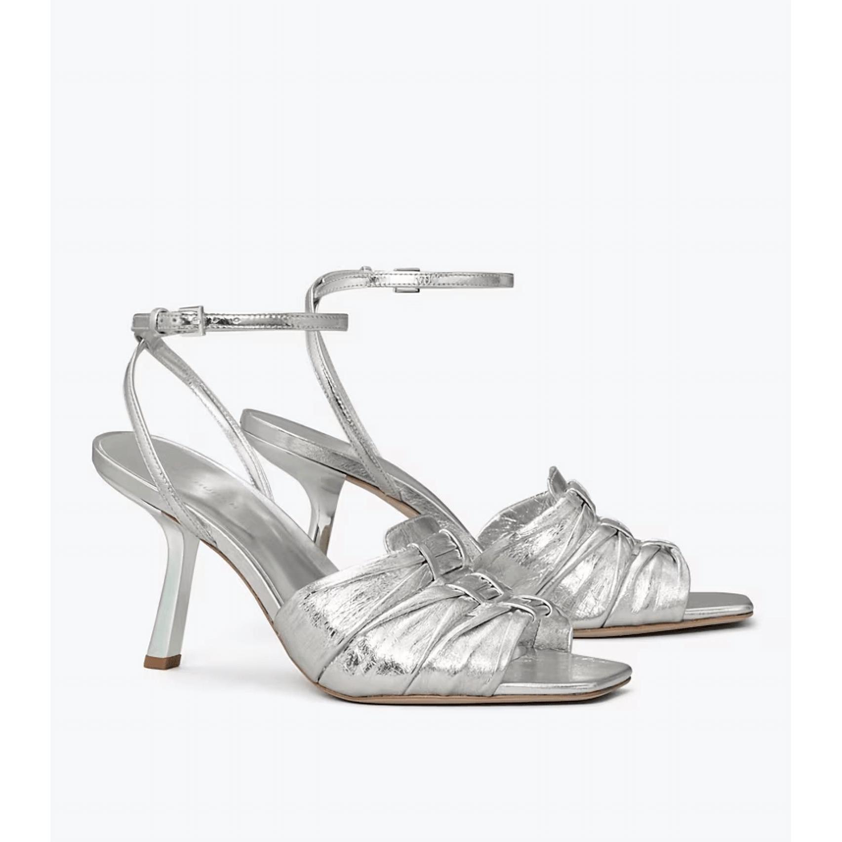 New Tory Burch Ruched Heel Sandal In Silver